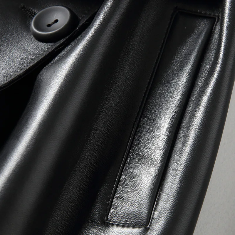 Long Slim Turn-down Collar Black Sheepskin Genuine Leather Autumn Spring Women Classic Leather Coat with Sashes Pockets