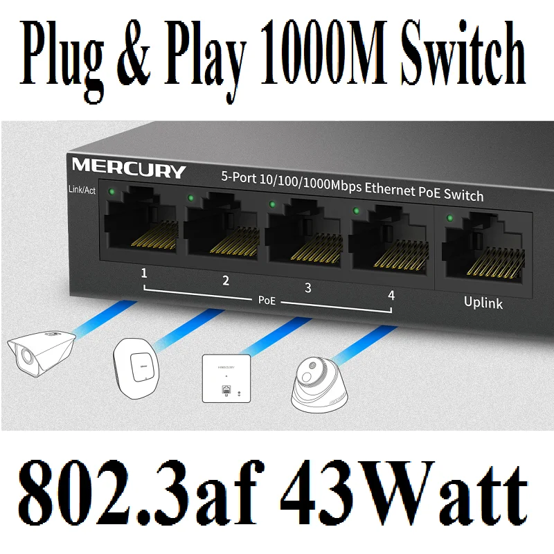 

5 портов, 4 poe 43 Вт 1000 Мбит/с, MCU PoE коммутатор IEEE802.3af PoE подходит для камеры PoE или сетевых коммутаторов AP, порт RJ45 15,4 Вт,