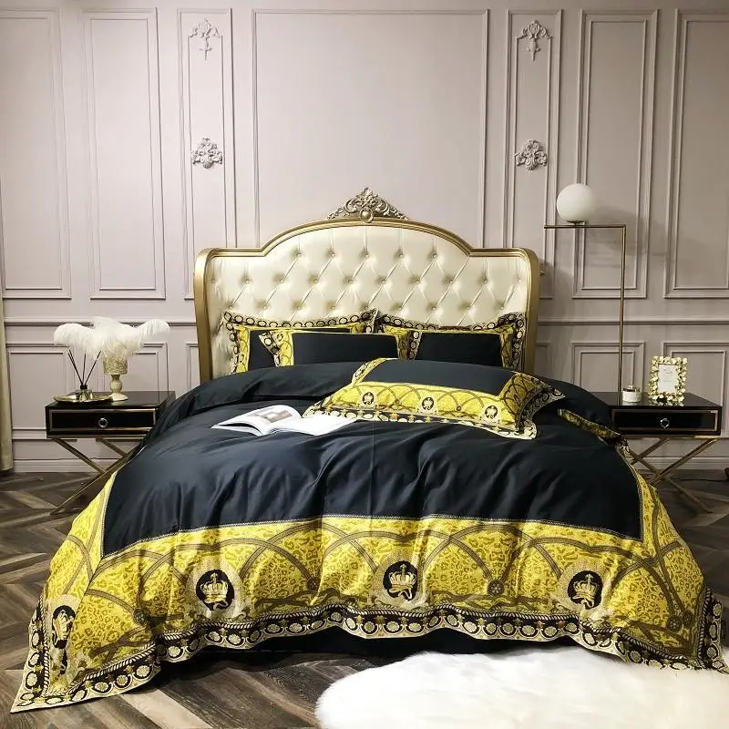 

800TC Premium Egyptian Cotton Bedding Set Back Gold Crown Patchwork Duvet Cover set Bed sheet Pillowcase Queen King size 4Pcs