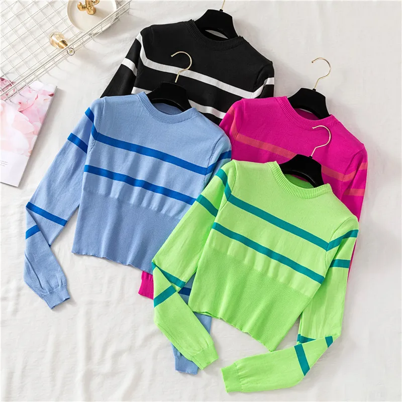 

Minglu Womens Sweaters Luxury Round Collar Computer Knitted Casual Woman Sweaters Fashion Slim Fit Stripe Lady Sweaters