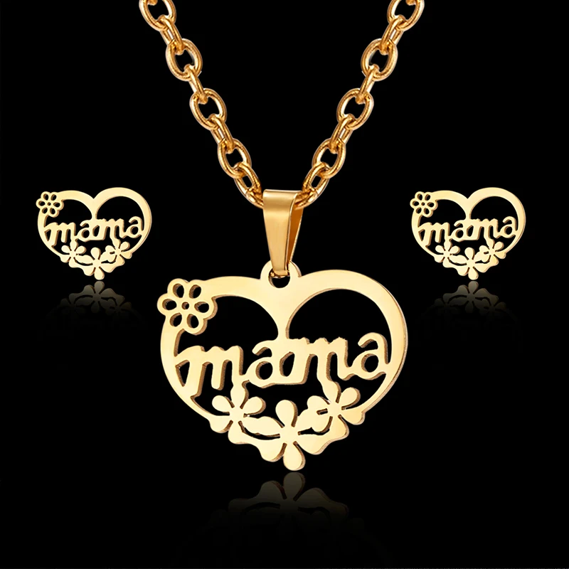 

Rinhoo Mother's Day Gift Fashion Letter MOM/TE AMO MAMA /MAMA Heart Shape Earring Necklace High Quality The Best Gift For Mother