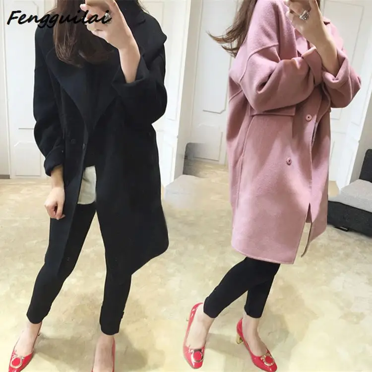 Женское осенне зимнее шерстяное пальто с длинным рукавом и отложным