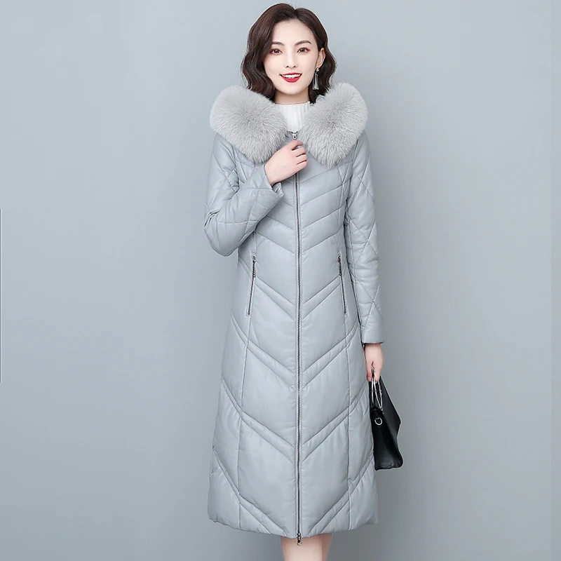 New Women Leather Down Jacket Autumn Winter 2022 Fashion Warm Hooded Real Fox Fur Collar Slim Long Sheepskin Down Coat  Female