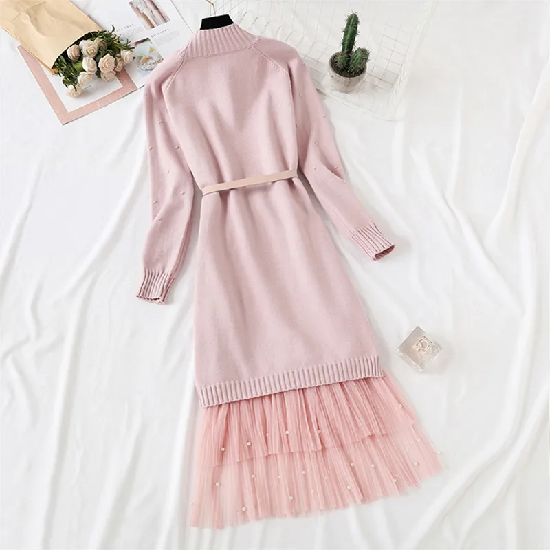 Модный женский трикотажный комплект с платьем осенне-зимний тонкий милый