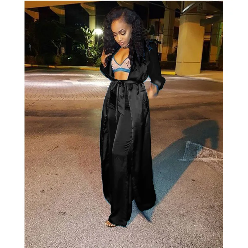 Костюм-кимоно Женский атласный длинный с широкими штанинами золотистый |