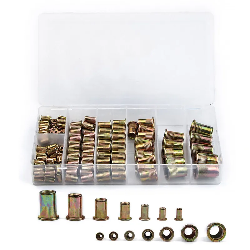 

165pcs/set Mixed Zinc Plated Carbon Steel Rivet Nut Threaded Rivnuts Insert M3 M4 M5 M6 M8 M10 M12 Flat Head Threaded Insert Kit