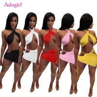 adogirl women sexy halter crop top lace up hollow out bodycon mini skirt two piece set dress fashion night club beach suit