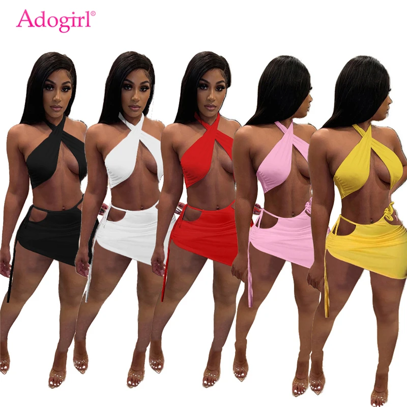 Женский сексуальный укороченный топ Adogirl с лямкой на шее облегающая мини-юбка