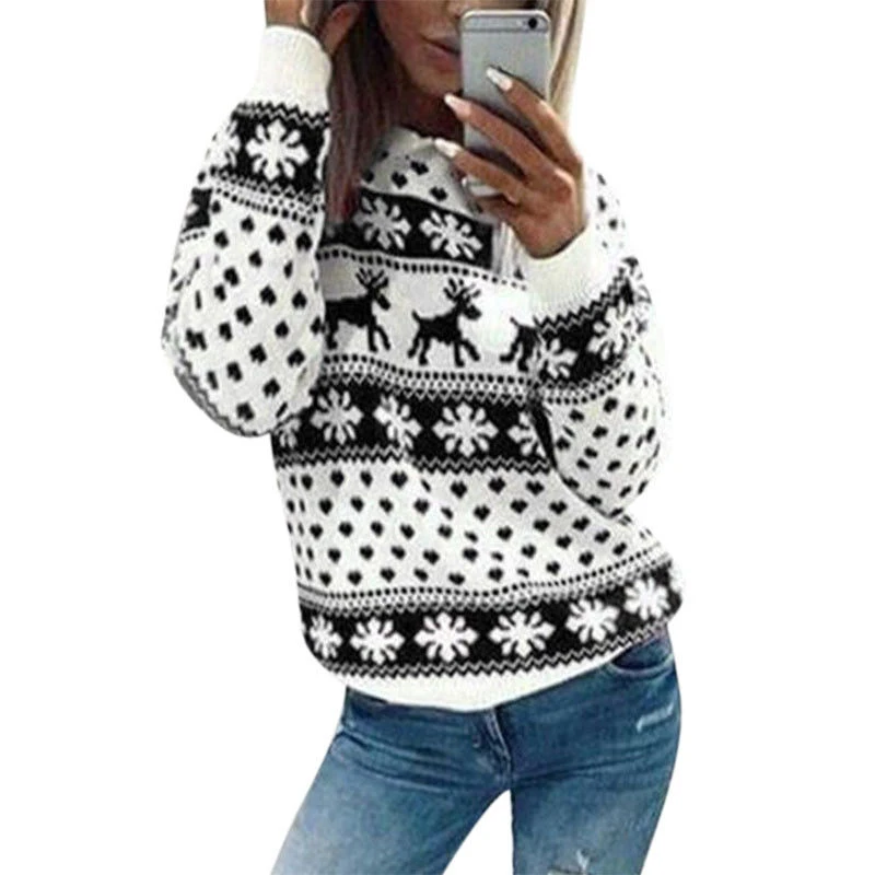 

Women Winter Sweatshirt Christmas Snowflake Print Casual Long Sleeve O-Neck Knitted Xmas Pullovers Holiday Classic Top Clothing