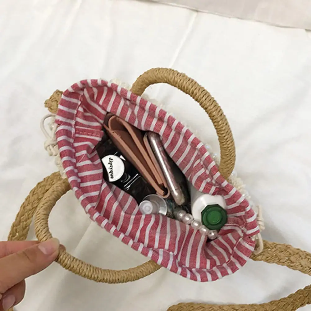 Женская сумка ведро богемный Модный с жемчугом ручной работы Соломенная