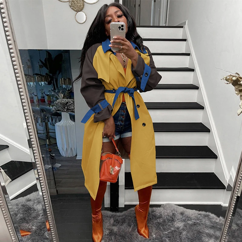 Женский двубортный Тренч Fitaylor длинный с отложным воротником на шнуровке