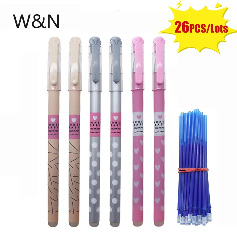 

6+20Pcs/Set Cute Pink Erasable Pen Refill 0.38mm Blue/Black Ink Erasable Washable Handle Gel Pen School Office Stationery Supply