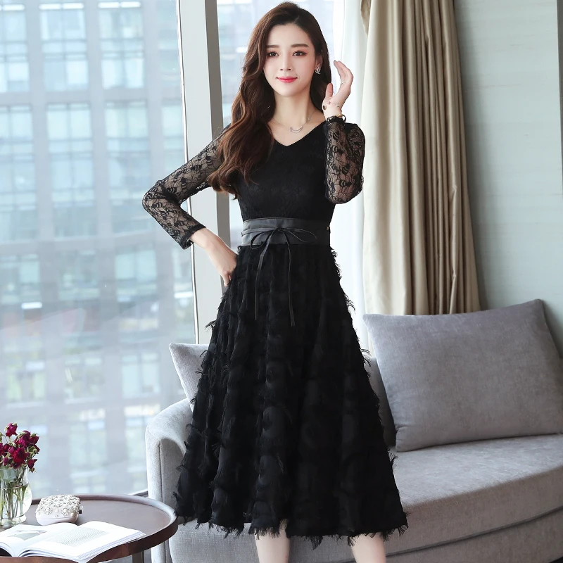 

2021 Spring Winter New Plus Size Vintage Lace Evening Midi Dresses Women Bodycon Korean Black Dress Long Sleeve Runway Vestidos