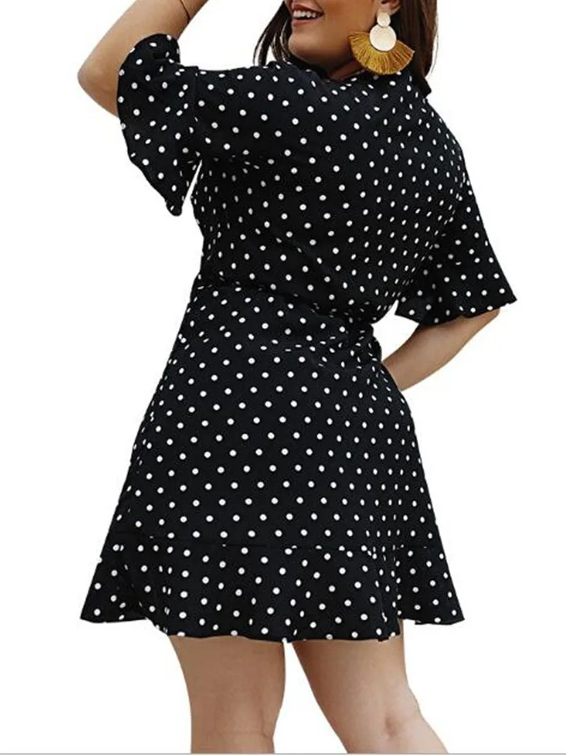 

Plus Size Women Dress Summer High Waist Polka Dot Boho Beach New Fashion Ladies Beach Dress Casual Short Sleeve Sundress