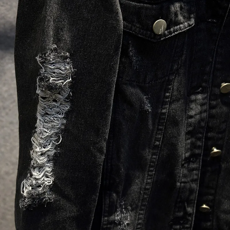 Джинсовая куртка унисекс с длинным рукавом однобортная рваная приталенная из