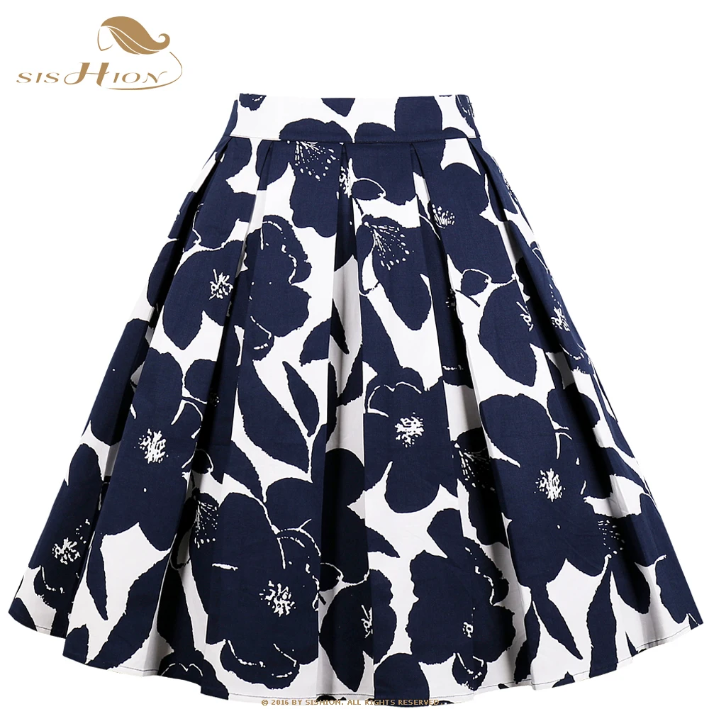 

2022 50S Women Floral Printed Pleated Skirt Summer High Waist Harajuku White with Blue Pinup Retro Vintage Midi Skirts SS0012