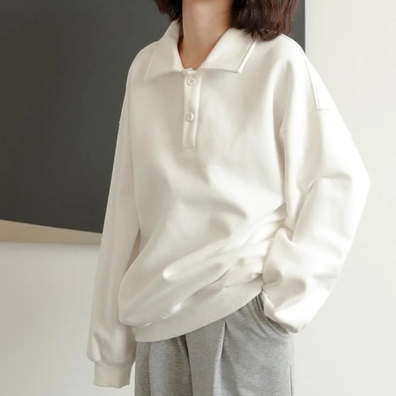 

FAKUNTN Casual Polo Collar Hoodies Women 2021 Vintage Korean Style White Sweatshirt Long Sleeve Tops Harajuku Clothes School