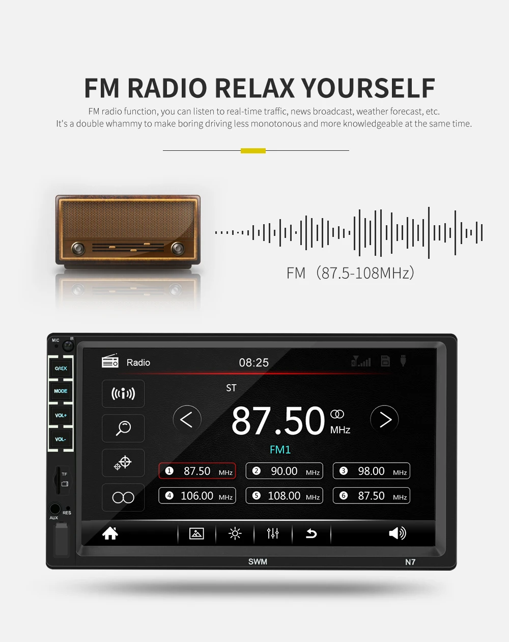 Автомагнитола 7 дюймов стерео MP5 плеер с сенсорным экраном Bluetooth AUX/USB/FM 2 Din