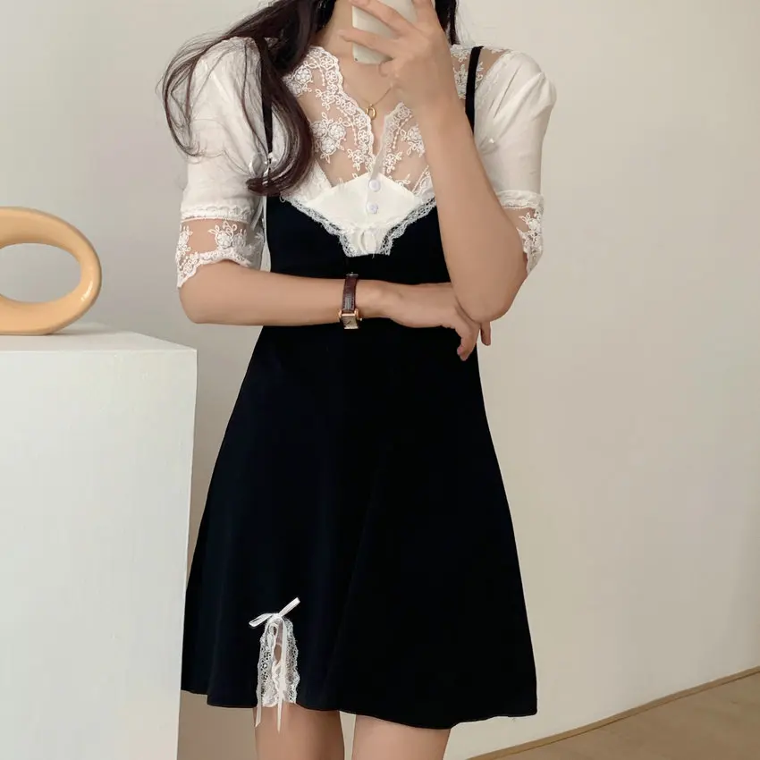 

2021 Spring Women Sexy Two Pieces Dress Lace Patchwork Design White Top And Slip Mini Dresses Plus Size Club Clothes 4XL 3XL XL