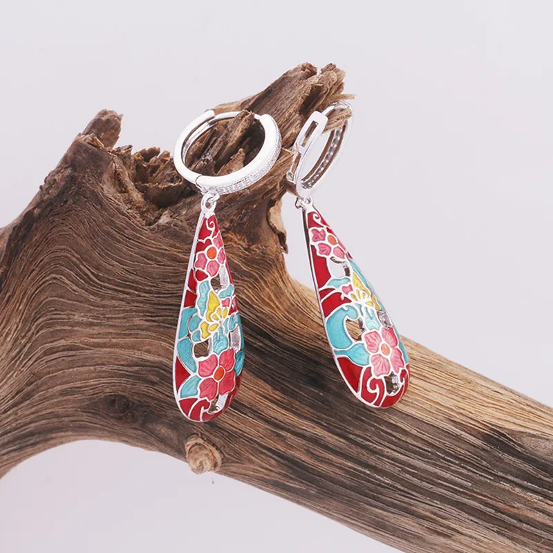 

Buyee 925 Sterling Silver Gorgeous Long Earrings Women Super Engraving Enamel Flower Earring for Women Fashion Wedding Jewelry
