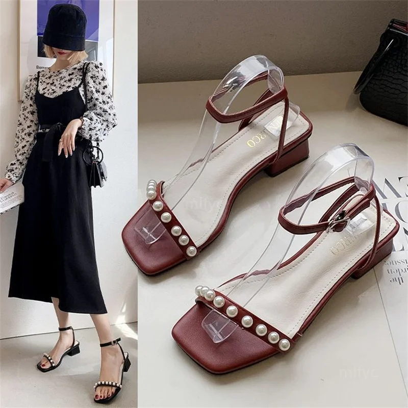 

Thick-heeled sandals female 2021 new summer mid-heel temperament with skirt fairy style sweet pearl one word belt women's shoes