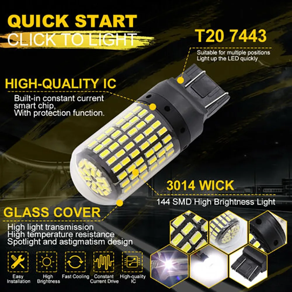 

12V LED Bulbs 144SMD Lamp Light Replacement Reverse Turn Signal White 6000K 7443 7440
