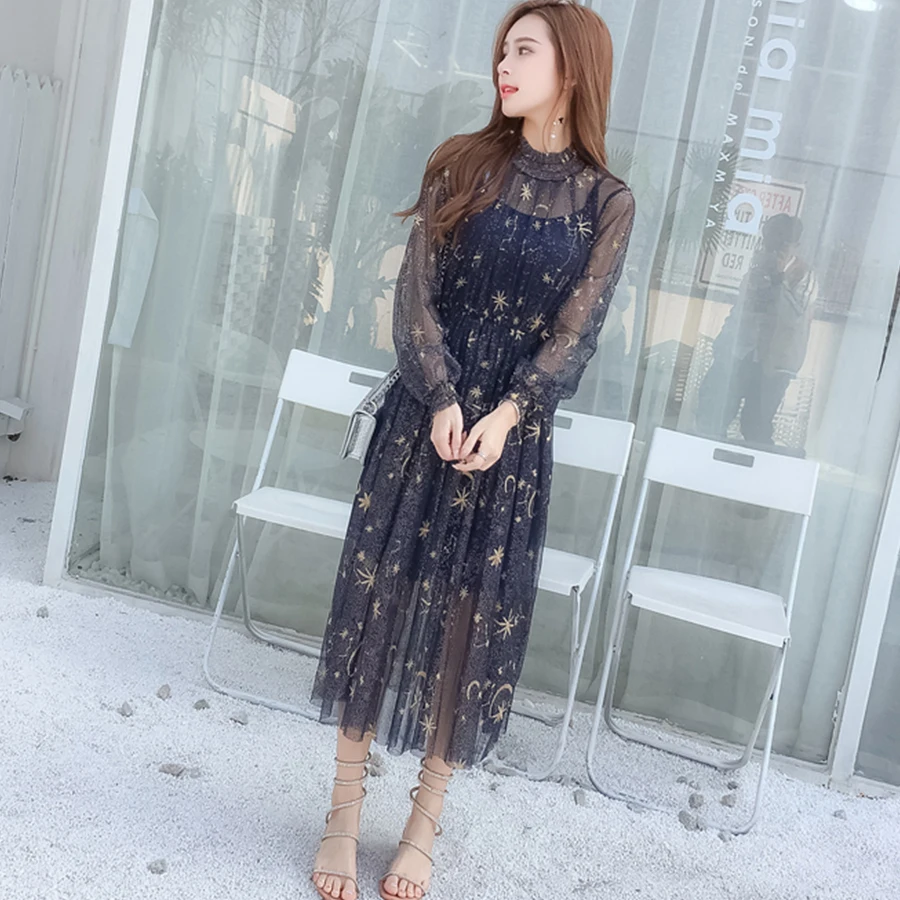 Женское плиссированное платье элегантное Сетчатое с вышивкой в виде звезд