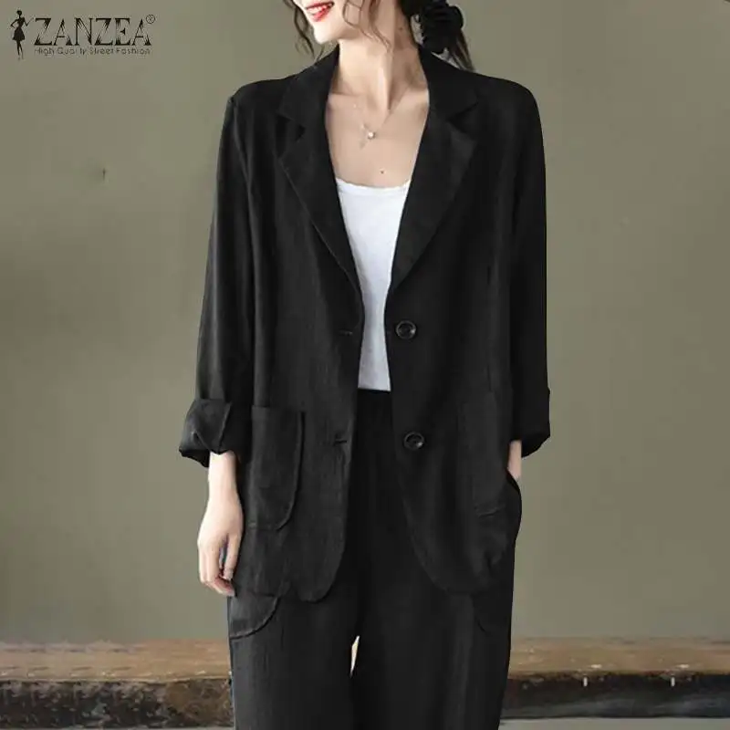 

Female Pant Suits OL 2 Piece Sets ZANZEA New Elegant Office Work Wear Business suit set uniform Oversize Women Cotton Linen Sets