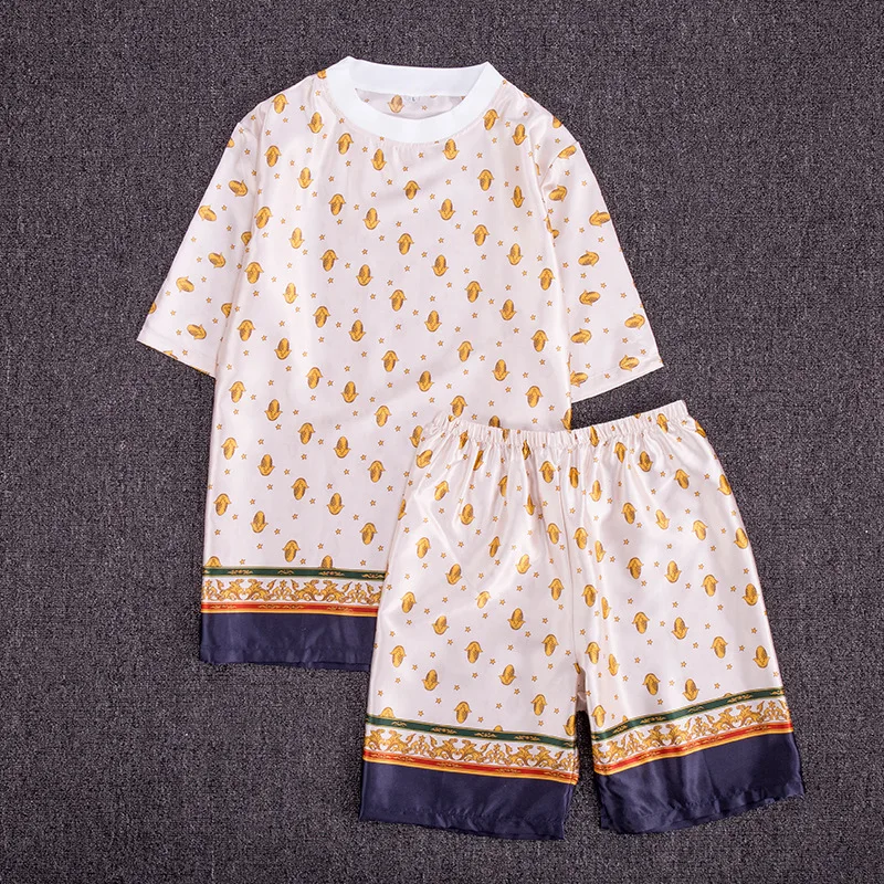 

SAMWESTAR Men's Summer Pajamas Set Men Pajamas Short Sleeve Thin Silk Men's Summer O-Neck Tracksuit Loose Pajamas for Men
