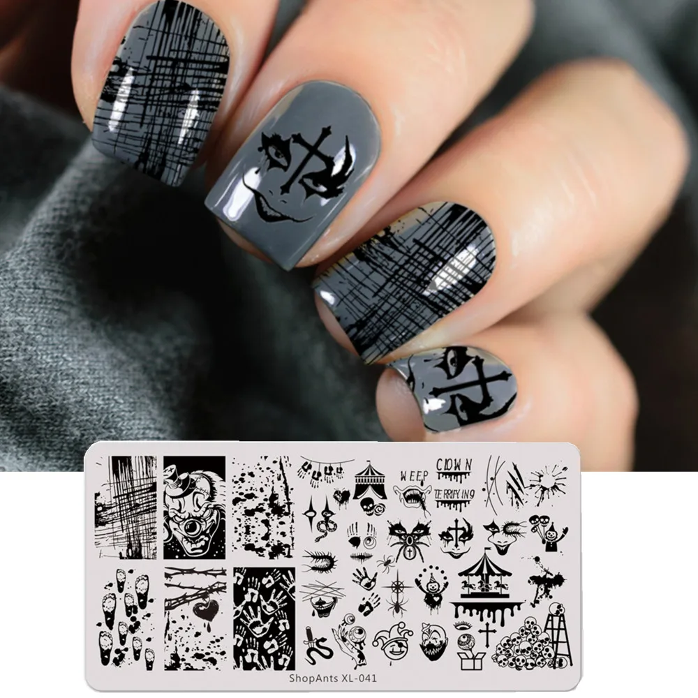 

Шаблоны для ногтей из нержавеющей стали ShopAnts панк забавные граффити Череп Призрак клоун штамповочные пластины для ногтей шаблоны штампов д...