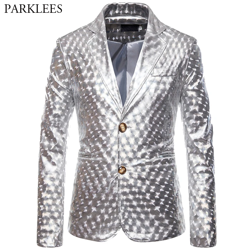 Серебряный глянцевый мужской блейзер блестящий с двумя пуговицами костюм пиджак
