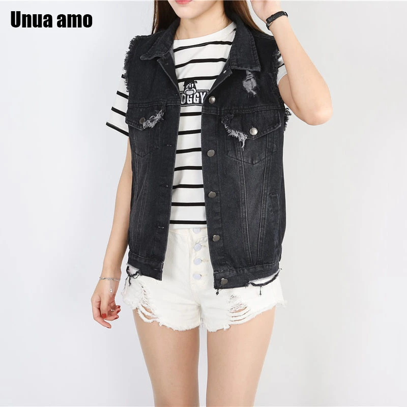Женский джинсовый жилет Unua amo короткий черный без рукавов в Корейском стиле