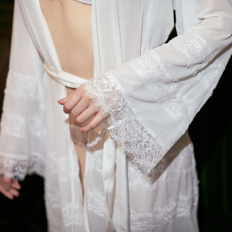 

Sexy Lace Lingerie Set with Robes Womens See-though Kimono Bathrobe Bridesmaid Gift Sleepwear Nightwear Ladies Long Gowns