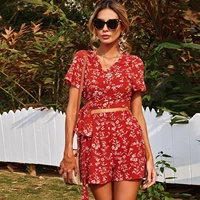 2021 summer new sexy v neck printing suit tie bow loose shorts two piece casual elastic waist