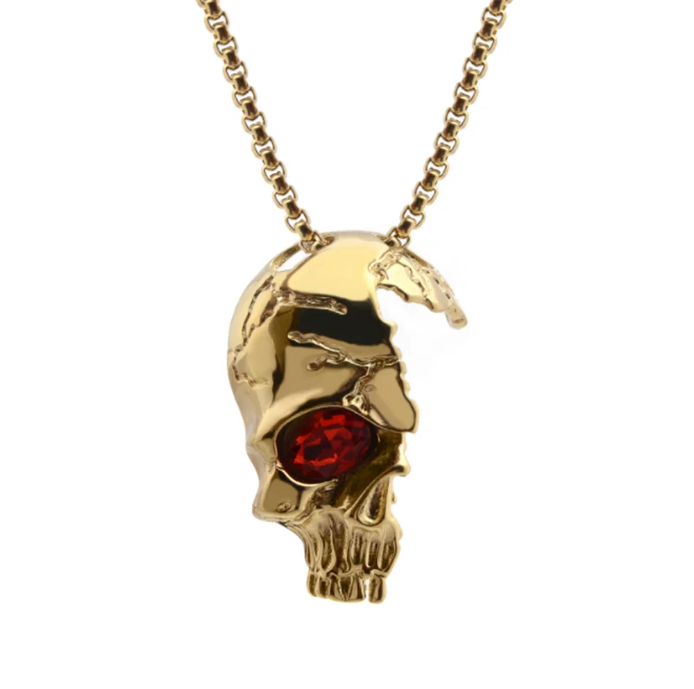 

100% Stainless Steel Hip Hop Half Skull Head Titanium Steel Pendant Necklace Red Zircon Eye Gothic Men's Necklace