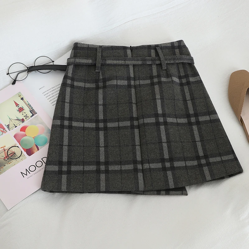 HELIAR Preppy Plaid Woolen Shorts With Pocket Women Sashes Shorts Wide Leg Outwear Shorts Fall Winter Street Shorts Women