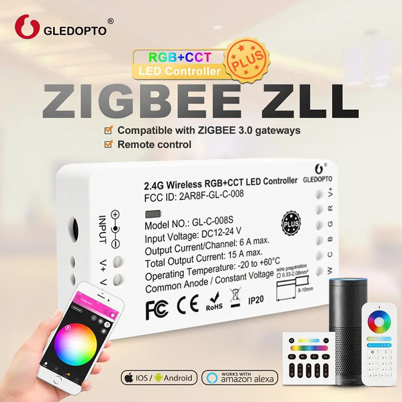 

GLEDOPTO ZigBee RGB and Color LED Strip Controller DC12-24V Work with Zigbee3.0 Hub SmartThings Echo Plus Voice Control LED