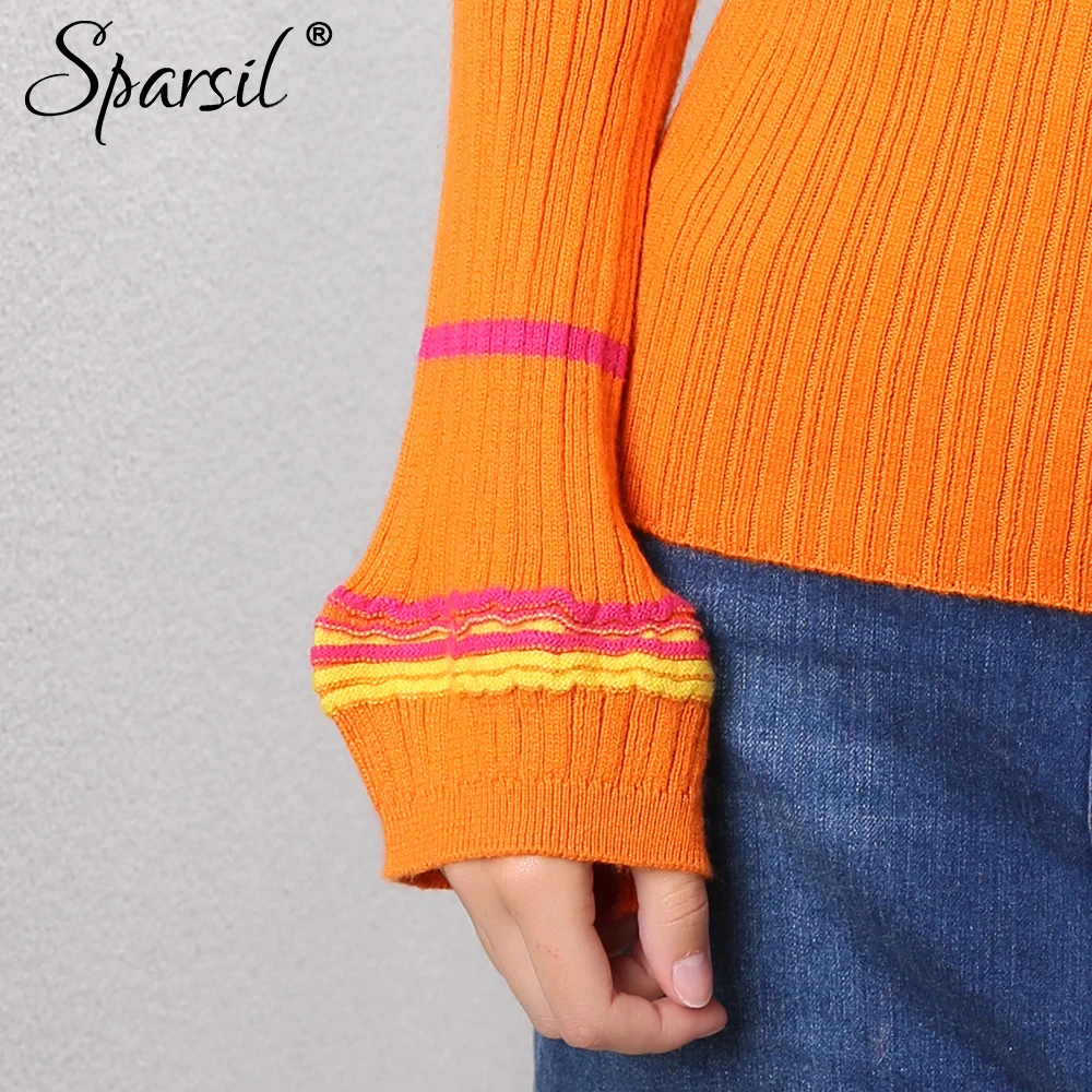 Clearance Sparsil Women Autumn Wool Sweater Ruffled Collar Lantern Sleeve Slim Knitted Woolen Pullover Soft Elastic StripeJumper | Женская
