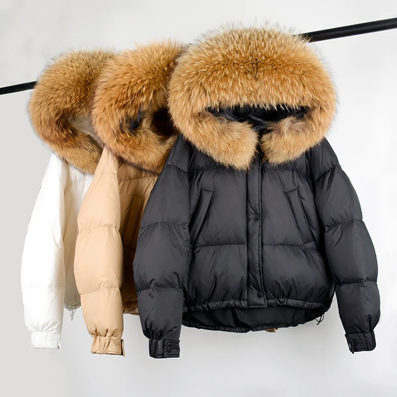 2021 Genuine Raccoon Fur Hooded Winter Duck Down Jacket Women 90% White Feather Filling Hem Adjustable Casual Crop Puffer Coat