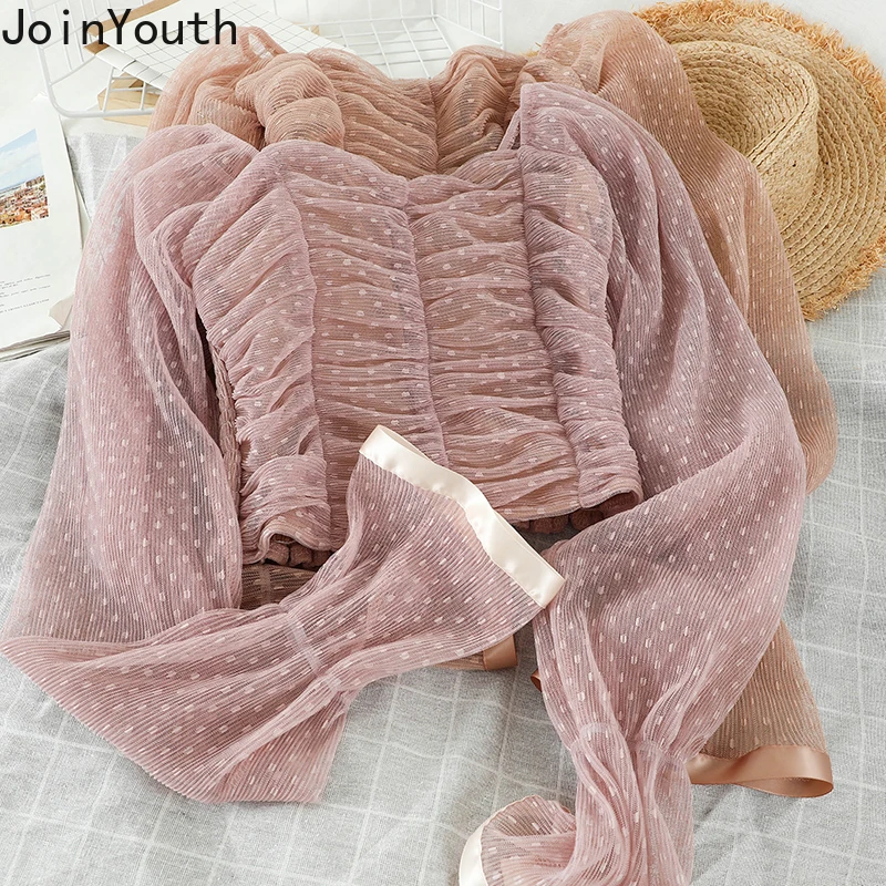 Joinyouth Сексуальная сетчатая женская рубашка в горошек винтажная шифоновая блузка