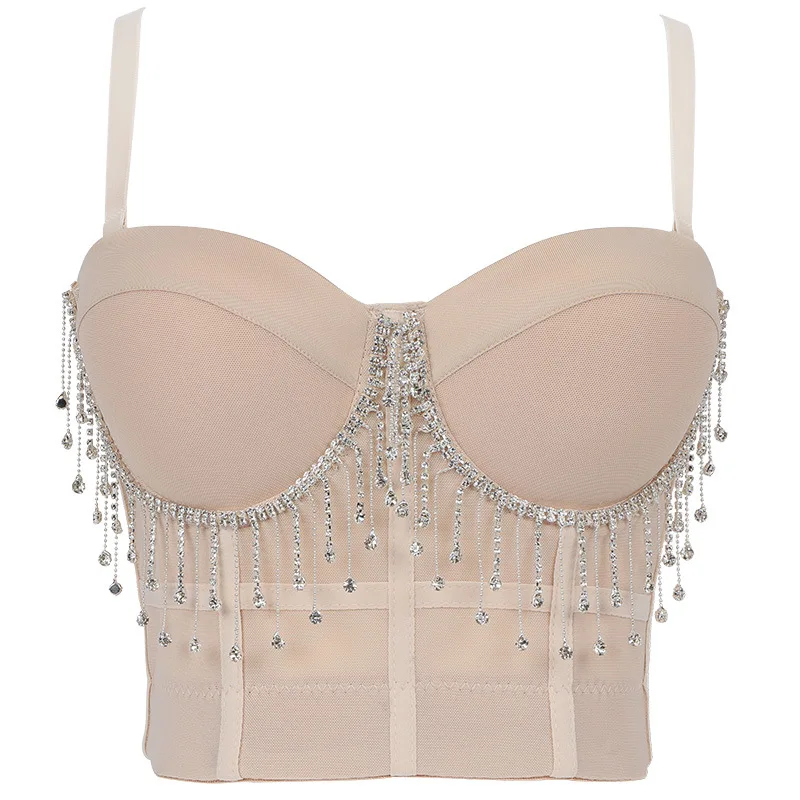 

2021 New Women Camisole Top Diamond Crystal Tassels Solid Color Sexy Cropped Top Push Up Bustier Bra Night Club Party Tank Top