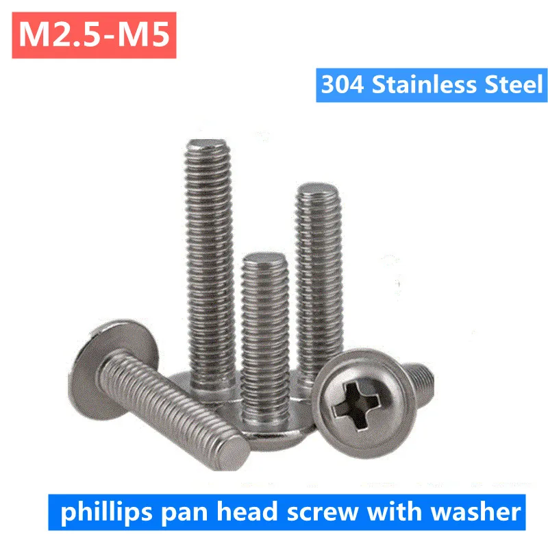 

20/50pc M2.5-M5 304Stainless Steel Cross Phillips Pan Round Truss Head with Washer Padded Collar Screw Bolt Machine Screw DIN967
