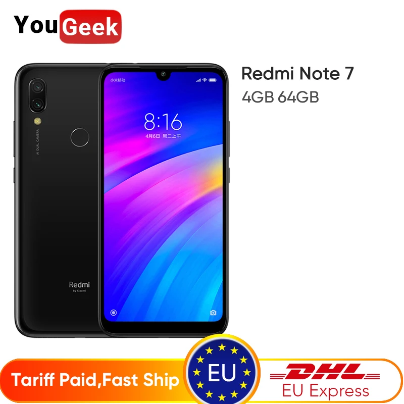 Смартфон Xiaomi Redmi Note 7 с глобальной прошивкой, 4 ГБ, 64 ГБ, Восьмиядерный процессор Snapdragon 660, 4000 мА/ч, 48 МП, две камеры, 6,3 дюйма, полноэкранный, Note7