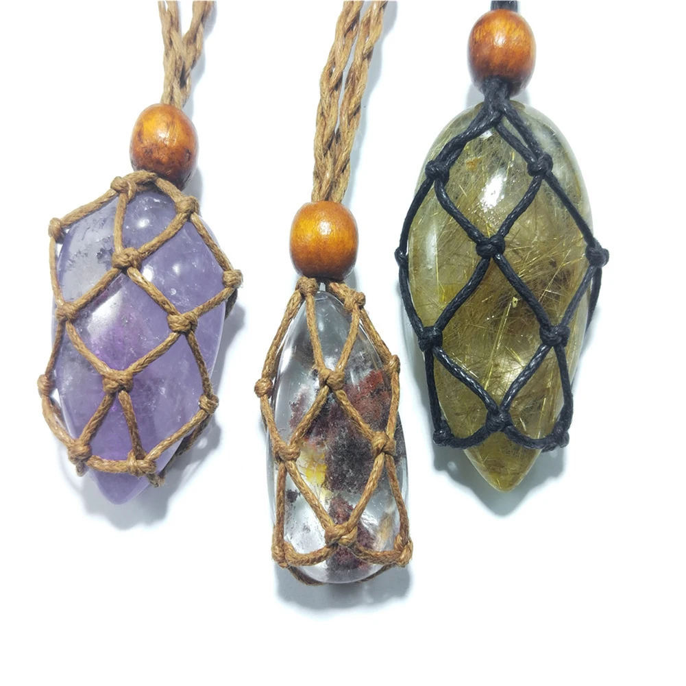 

1 Indian Amulet Pendant Necklace Rope Empty Stone Stand Natural Quartz Crystal Rough Chakra Point Repair Fish Net