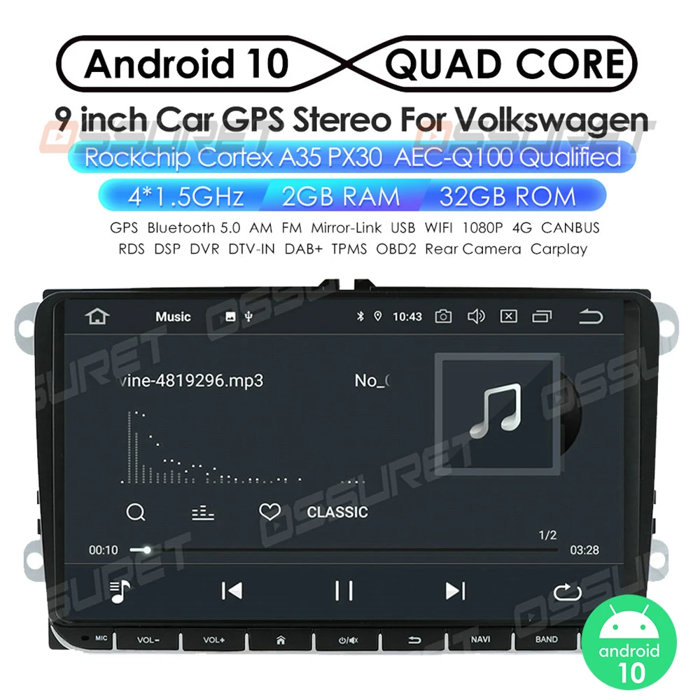 Автомобильный GPS плеер 1080P DSP 4G 32G Android10.0 2 DIN для Seat Altea Фольксваген Толедо GOLF 5/6 Polo