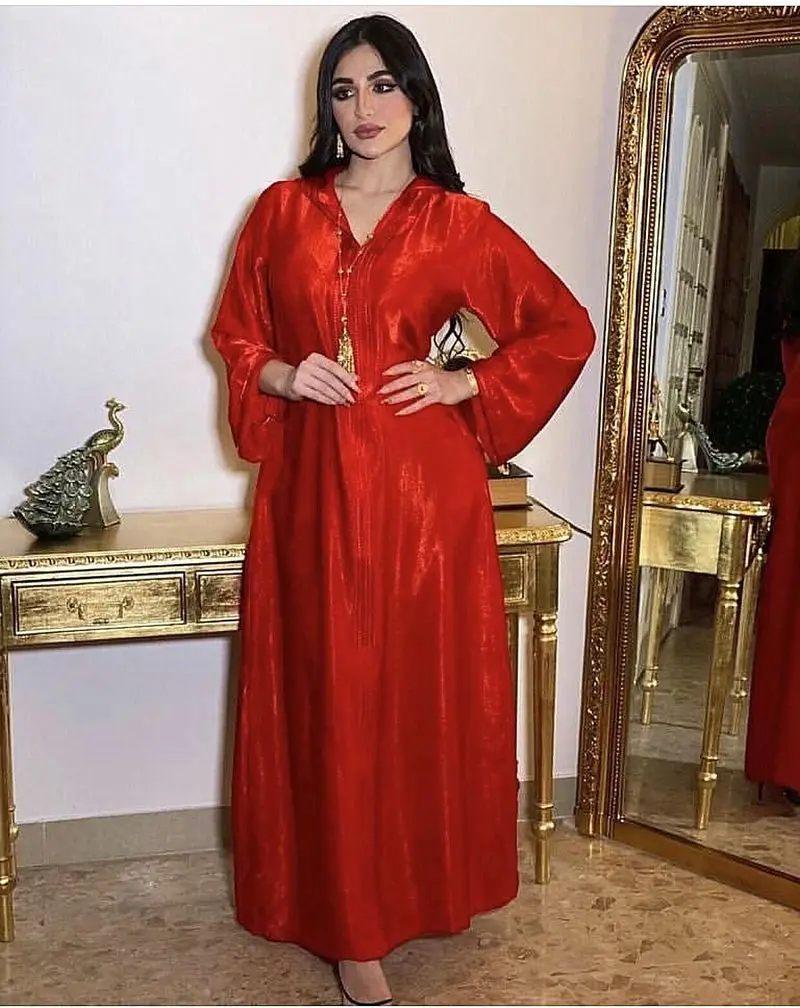 

Dubai Arabic Muslim Abaya Dress for Women Fall 2021 Champagne Moroccan Kaftan Hooded Robe Turkish Islamic Jalabiya