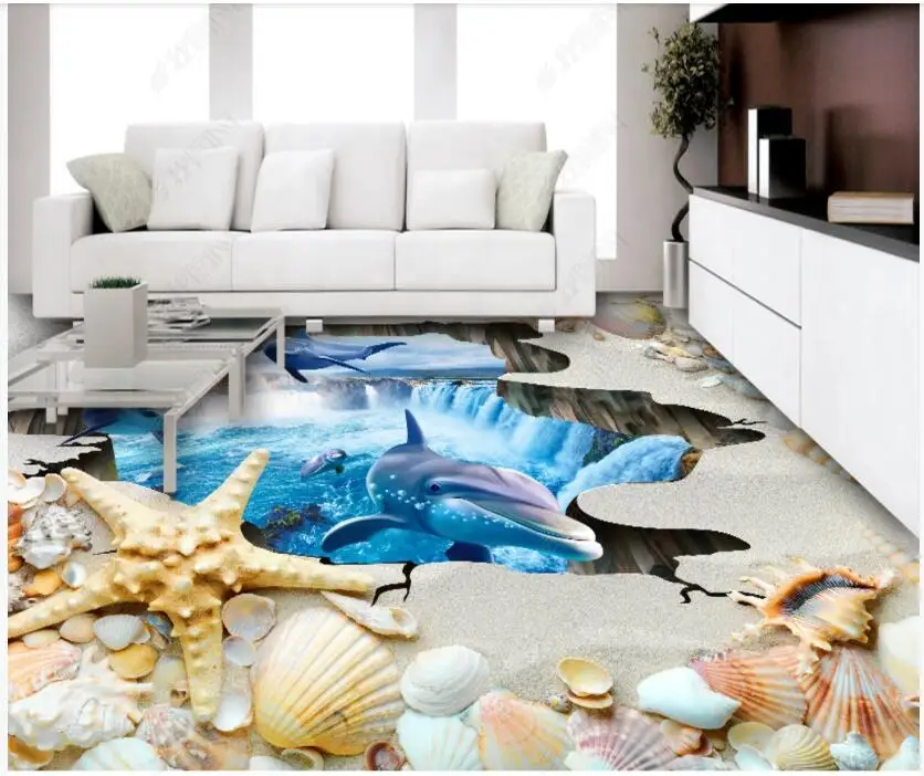 

Custom photo mural 3d flooring pvc self adhesive vinyl wallpaper Dolphin beach shell home decor living room for wallpaper 3 d