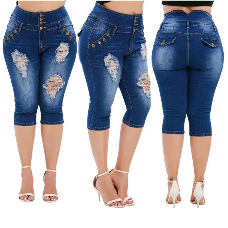Женские рваные джинсы с высокой талией, узкие джинсы из денима до колен, одежда для размера плюс, L-5XL, лето 2020 от AliExpress WW