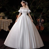 kaunissina princess satin wedding dresses short sleeve bownot ball gown white wedding gowns elegant floor length bride dress