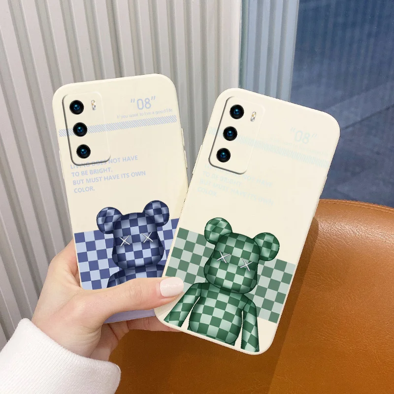 

Plaid Bear Liquid Silicone Case For Huawei P40 P50 P30 P20 Pro Lite Mate 40 30 20 Pro Lite Nova 5t Y7A Soft Phone Cover Case